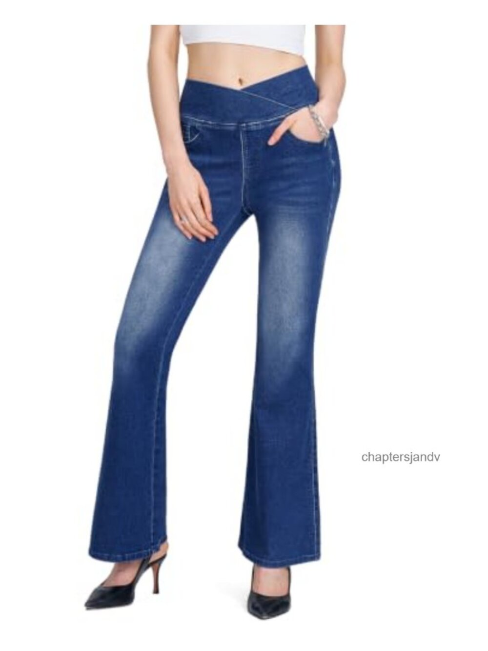 High Waisted Crossover Pull On Flare Jeans Stretch Denim Tummy Control